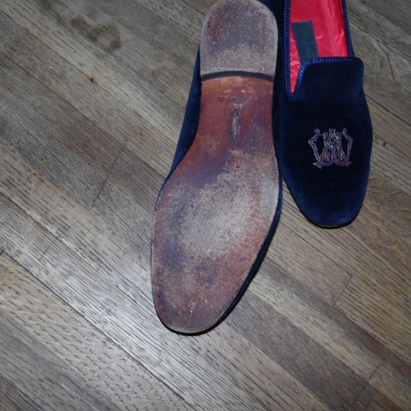 Mens Shipton & Heneage Blue Velvet Loafers Gold Embroidered Slipper Shoes Sz 13 main image 7